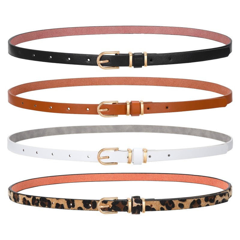 SANSTHS 4 Pack Women Thin Belts for Jeans Dresses Coats Skinny Women Belt with Gold Alloy Buckle, Black+Coffee+White+Leopard XL - Image 1
